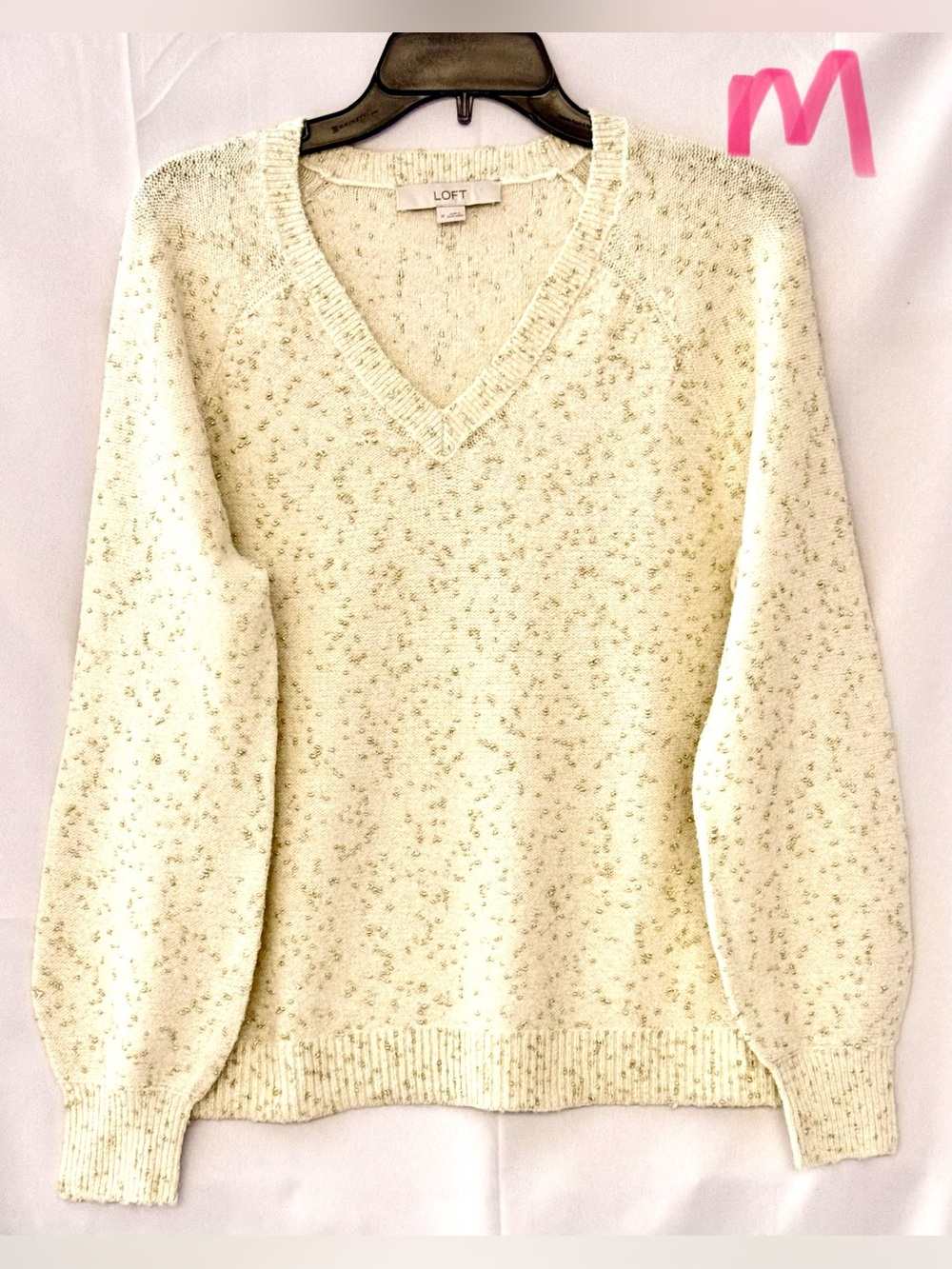 LOFT Cream Speckled V-Neck Sweater with Brown Flecks